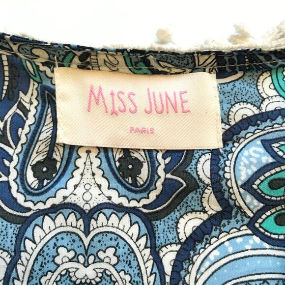 Miss June Kiara Mini Dress Womens Small Medium Blue White Paisley V-Neck Tassels - Picture 4 of 11